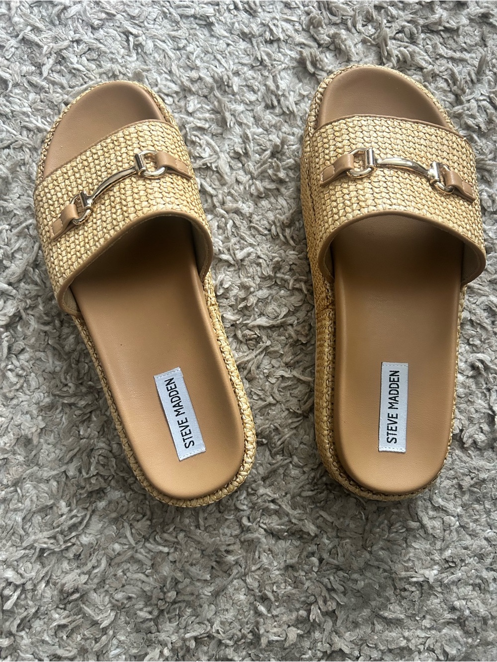 Steve Madden Tan Woven Slide Mules with Gold Bit
